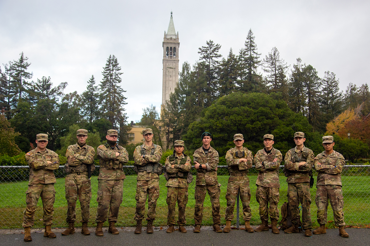 Berkeley ROTC cadets pose in front of the Campanile